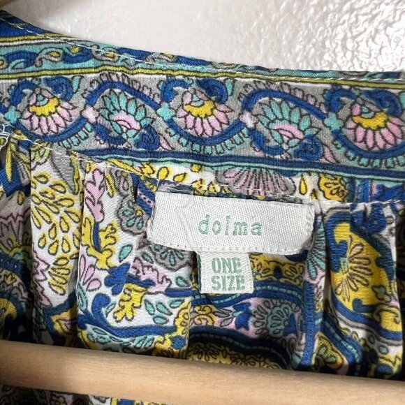 Dolma Silk Blend Shift Dress One Size Paisley Blue Yellow Boho Artsy Art to Wear - Picture 3 of 9